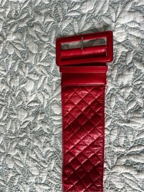 Barneys New York Quilted Red Leather Wide Belt with Red Buckle